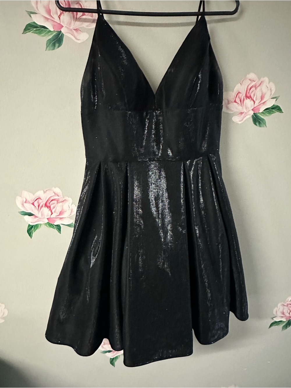 Betsy & Adam Black Satin V-Neck Mini Dress